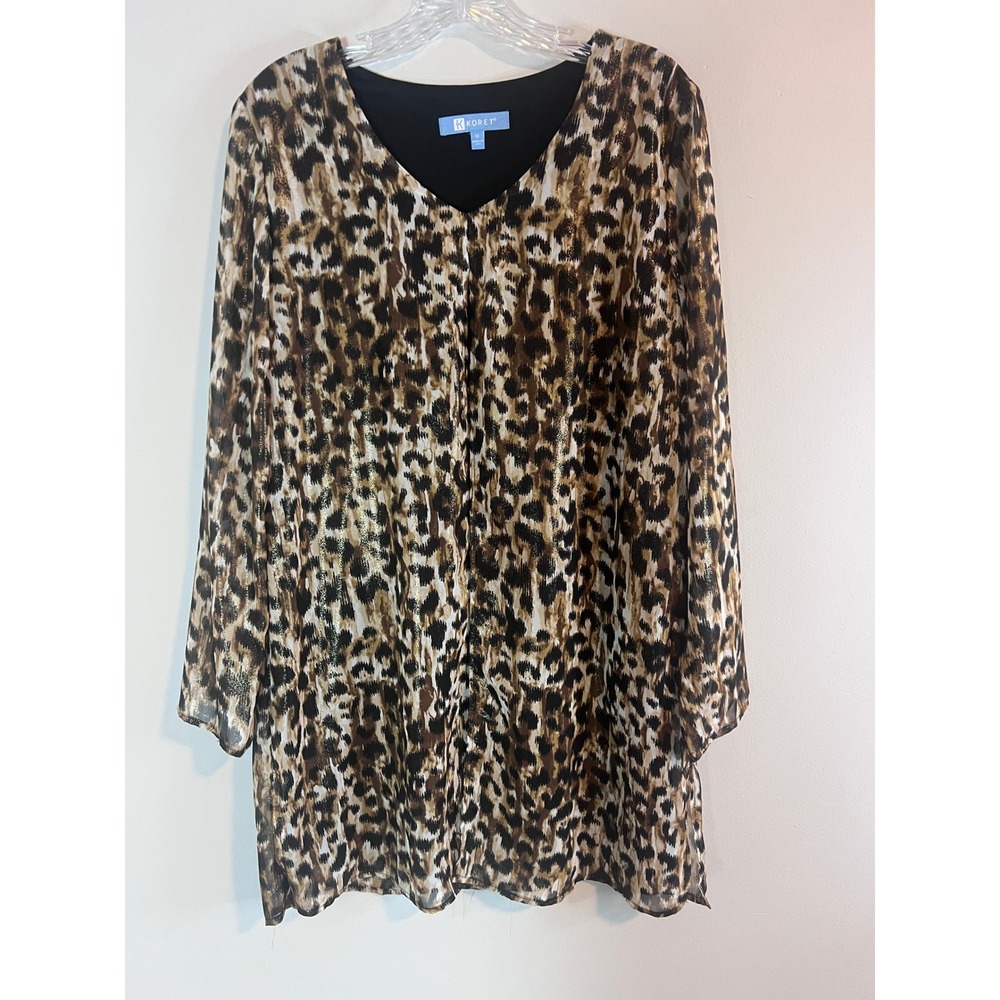 Koret Womens Leopard Print Metallic V-Neck Blouse Long Sleeve Lined Top P05610